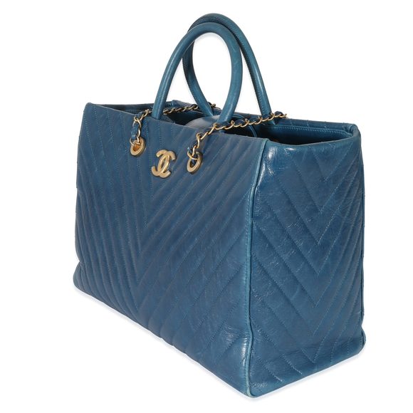 Chanel Blue Aged Calfskin Chevron Large Coco Handle Shopping Tote - Picture 2 of 8